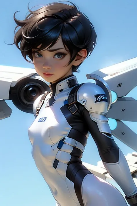 White combat suit with blue pattern, pretty girl, Pixie Cut Hair, Small breasts, Flat Chest, Outdoor, blue sky, Canon, masterpiece, high quality, Attention to detail, Textured skin