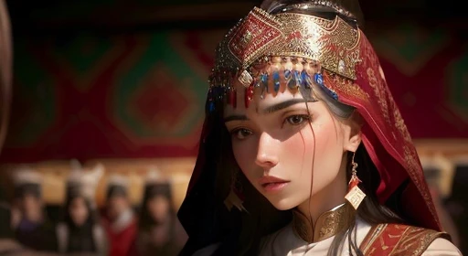 woman in a red headdress and a red veil, Middle Eastern Skin, Ancient Princess Libu, young woman in the image of Genghis Khan, frame from the series, Imogen Poots as a holy warrior, screenshot from the film, still from the film, The price of the movie "Per...