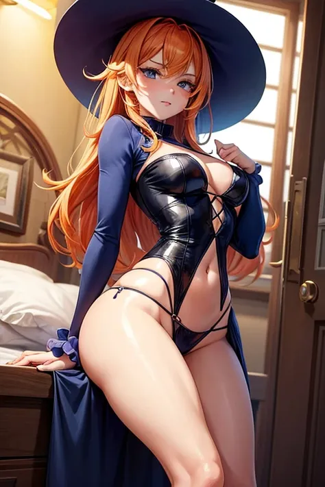 Draw Cassye Sandler, an anime-style female character with lung-length orange hair, thin orange eyebrows, and blue eyes.  small breasts, thin waist, big perky ass, thick thighs.  wearing a sexy casual outfit.  is wearing a sexy little witch costume for sex ...