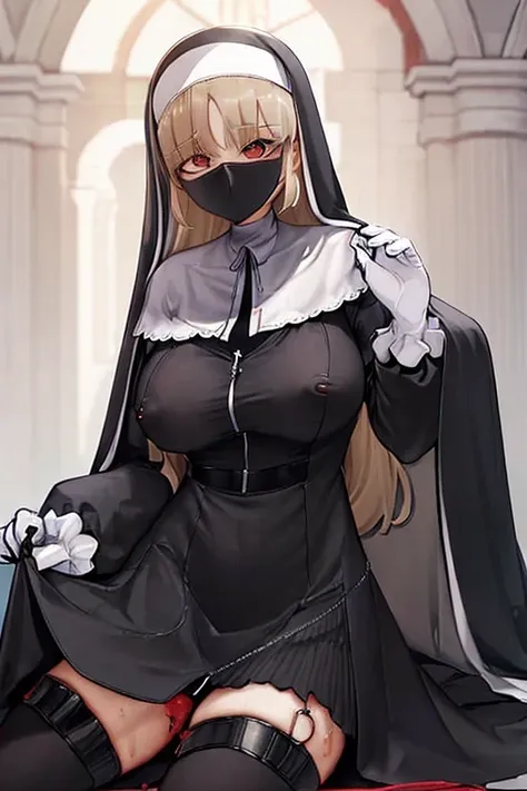 (best quality, masterpiece), Large Breasts,(solo:1.5),( A nun:1.5), Blonde hair,( Hair between the eyes:1.3), (lift her breasts by herself:1.4),  sitting，(Black Nun dress:1.4)，(Black mask:1.5)，In the church，(pose to ask for love:1.3),(Clothes that be see-t...