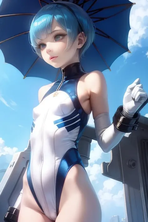 White combat suit with blue pattern, pretty girl, Pixie Cut Hair, Small breasts, Flat Chest, Outdoor, blue sky, Canon, masterpiece, high quality, Attention to detail, Textured skin