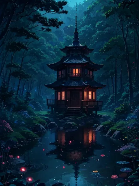 Generates 4K resolution (400x900) imagen en el encantador estilo anime de Studio Ghibli, cielo , Highlight the Studio Ghibli aesthetic with soft colors.:: illustration, agrega unos toques rojos y de un bosque misterioso.