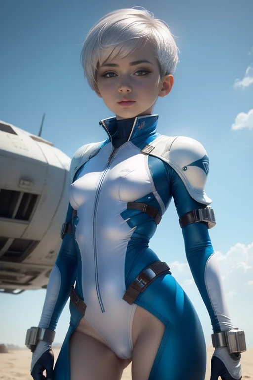 White combat suit with blue pattern, pretty girl, Pixie Cut Hair, Small breasts, Flat Chest, Outdoor, blue sky, Canon, masterpiece, high quality, Attention to detail, Textured skin