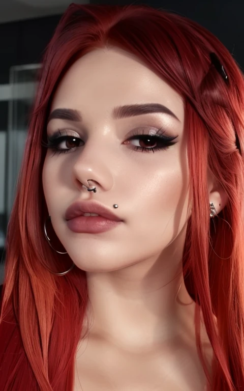 monpier2023, upper lip piercing, 1girl, 8k, uhd, best quality, trending on arstation, photorealistic, masterpiece, raw image, skin pores, detailed skin, award winning photo, beautiful girl, long red hair, mjw2023