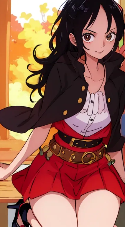 Female version of Monkey D Luffy, 1girl, black long hair, Strawhat, black top, red open coat, black skirt, best quality, masterpiece, smiling, red heels,  cute, sexy, scar under left eye, anime, golden belt, extremely beautiful, highres, high quality eyes,...