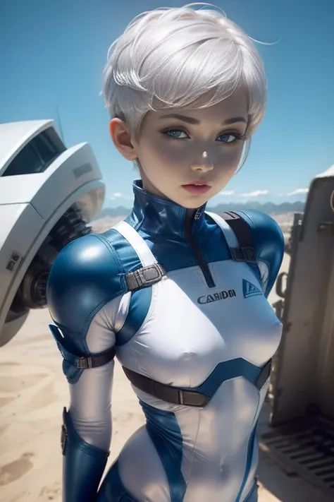 White combat suit with blue pattern, pretty girl, Pixie Cut Hair, Small breasts, Flat Chest, Outdoor, blue sky, Canon, masterpiece, high quality, Attention to detail, Textured skin