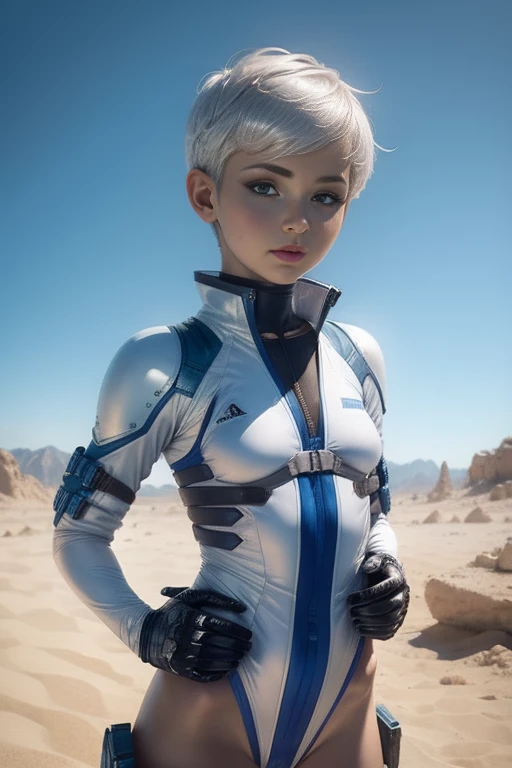 White combat suit with blue pattern, pretty girl, Pixie Cut Hair, Small breasts, Flat Chest, Outdoor, blue sky, Canon, masterpiece, high quality, Attention to detail, Textured skin