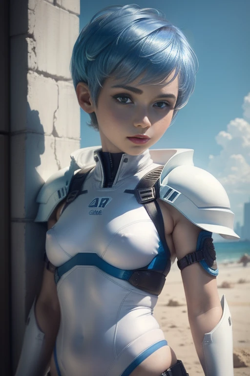 White combat suit with blue pattern, pretty girl, Pixie Cut Hair, Small breasts, Flat Chest, Outdoor, blue sky, Canon, masterpiece, high quality, Attention to detail, Textured skin