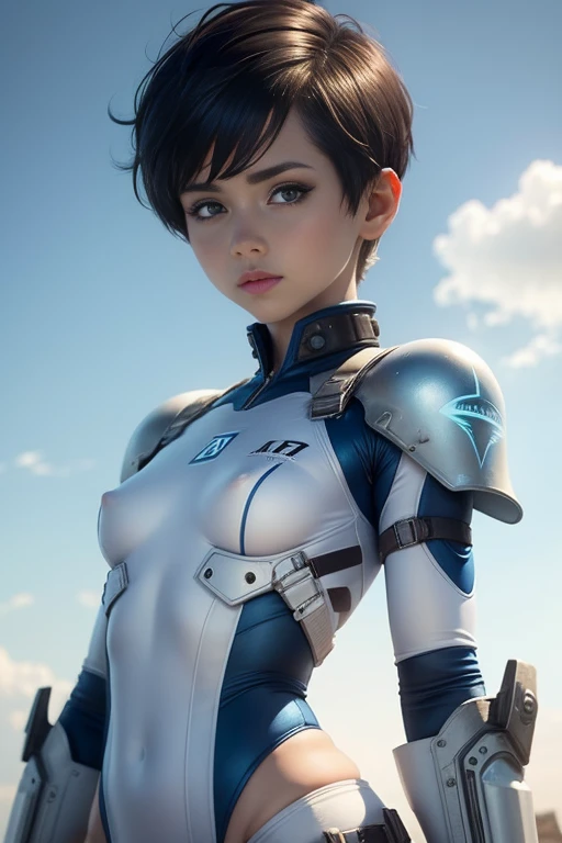 White combat suit with blue pattern, pretty girl, Pixie Cut Hair, Small breasts, Flat Chest, Outdoor, blue sky, Canon, masterpiece, high quality, Attention to detail, Textured skin