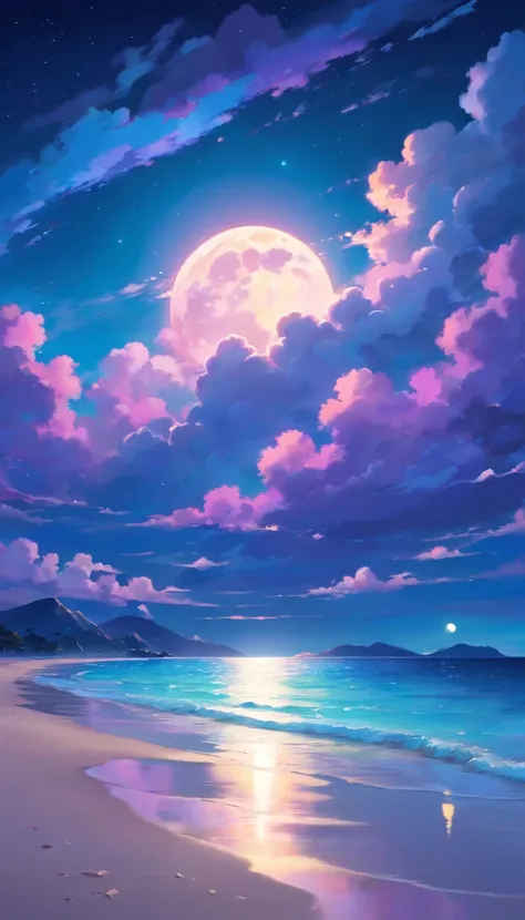 Sea, magical, night sky, clouds, at night, full moon, vibrant colors, Purples, teals, moonlight reflecting in water, sandy beach, dreamlike, soft focus, ethereal, highres, bestquality,masterpiece, summer, no people