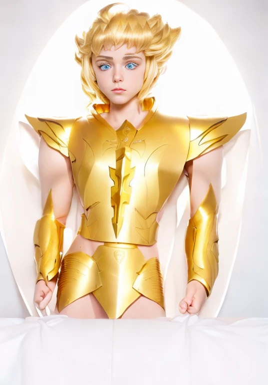 Real life adaption of this character, A boy cosplayed as a saint seiya gold saint, golden armour with friezes, (((((photorealistic style raw)))), blonde hairs, blue eyes, holy sword friezes, blonde hairs, caucasian race, realistic light,realistic shadow,re...