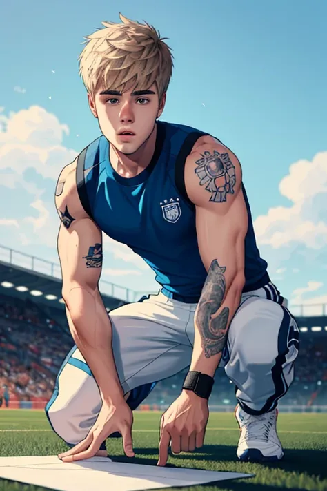 Draw a full-fledged athlete Justin Bieber ，Stand on the central field of the gym，He wears high-end sportswear，The man looks confident and determined，looking-down，Crew cut，full bodyesbian，shooting from below，