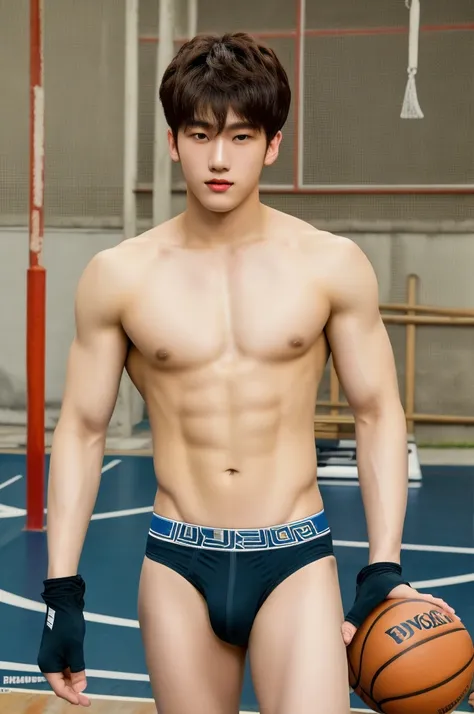 1 person, 18 year old muscular man, korean, topless, wearing jockstrap or thong, soft light, Masterpiece, best quality, Ultra high resolution 8K, DSLR camera, Film texture, photorealistic artwork, basketball court.