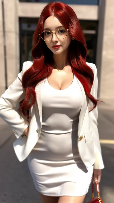 1 beautiful woman((25s, milf, red (long hair))wearing white blazer dress and glasses