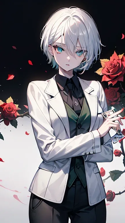 female　white hair　amber eyes　short hair　in the forest　orginal school uniform　Pose with movement  green tie　one person　Black vest　Decisive pose　coat　masterpiece　Highest image quality　noise removal　clear parts 　cinematic shadow　Increased attractiveness of th...