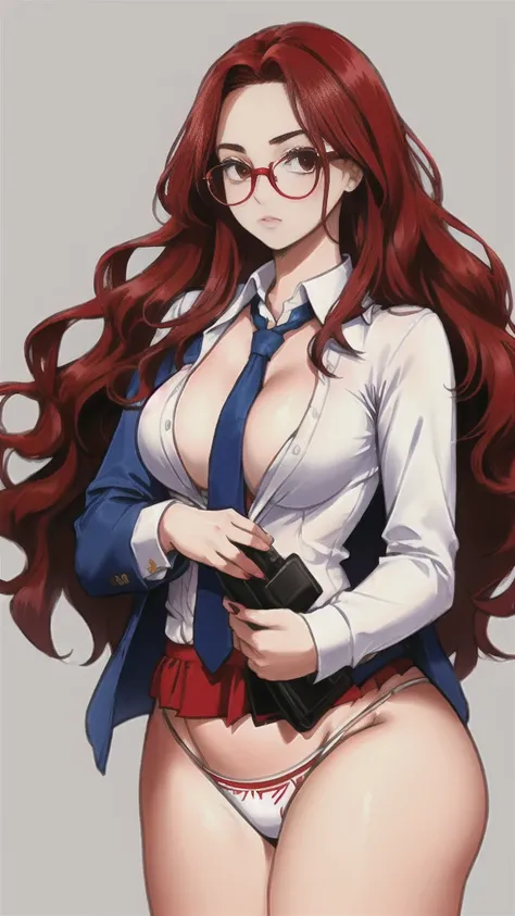 1 beautiful woman((25s, medium-big bust, red (long hair)) wearing white underwear with tie and glasses