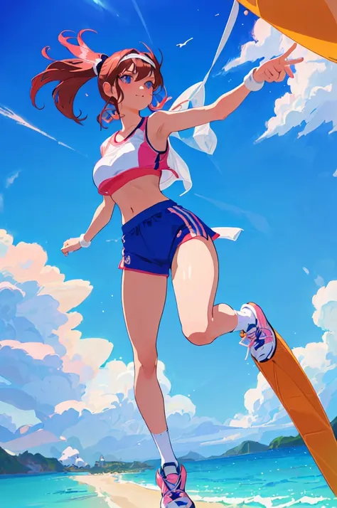 imagined a girl in extreme sport outfit playing to a flying disc game in a beach arena game sport, masterpiece, ultra-detailed, 80s anime (style), 2D, megapixel, perfectionism, full HD , 4K, (windjammers), windjammers sport game, windjammers 2 (((((solo ma...