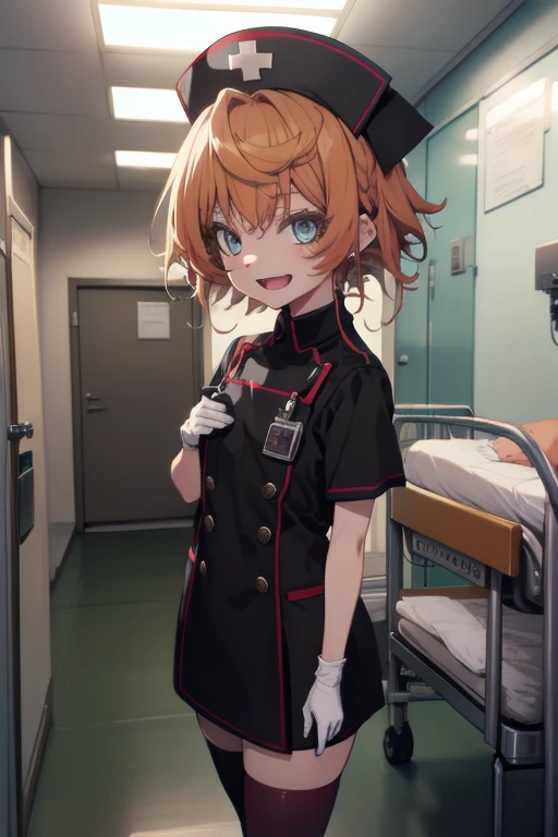 1girl, solo, nurse, nurse cap, white wear, ((white legwear, zettai ryouiki)), white gloves, very short hair, orange hair, smile, open mouth, standing, ((hospital room)), sharp outline, short sleeves, tomboy, boyish, best quality, masterpiece