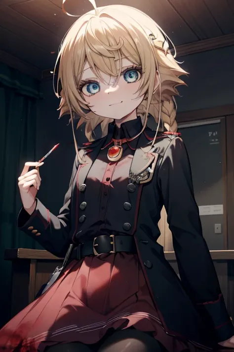 Reina Ryugu, Rina Ryuujou, Blonde hair, long hair, Short braid,عيون buttonقاء شعر, He smiles, Smile and laugh,Scary laughter, Dead eyes,Psychopathic horror,Stained with blood,Blood drops,horrifying,Murder scene, serial killer, Bathed in blood,Clothes with ...