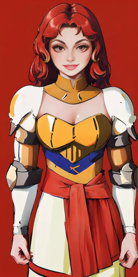 (masterpiece, best quality, 4k, 1girlsolo, 1MILF, mmplatz, smile, red cheeks, plain background:1.2) Funger, Female Knight