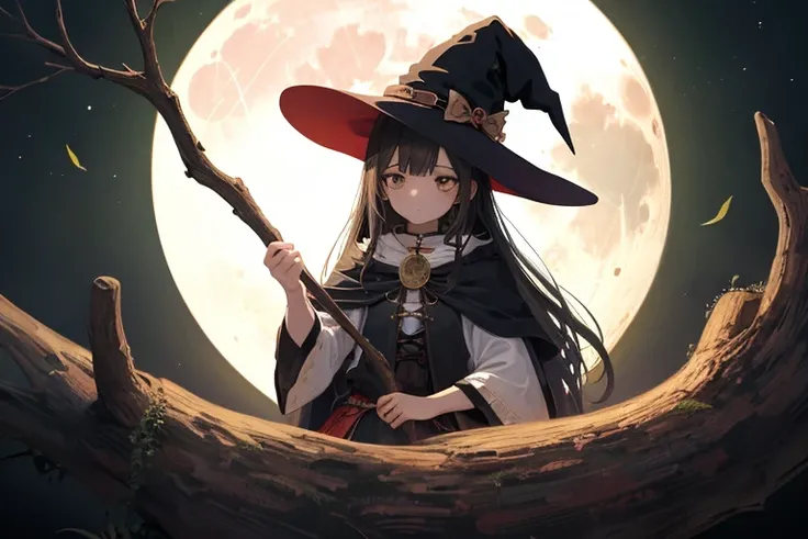 1girl, witch, full moon, relaxation, witch clothing set, Cinematic Angle
