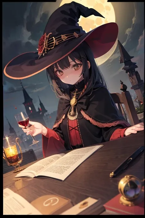 1girl, witch, full moon, relaxation, witch clothing set, Cinematic Angle
