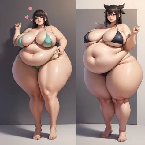 A young woman in a bikini, massive bloated overstuffed very heavy belly, hyper massive fat tall wide round heavy heart shaped bubble butt, very wide fat hips, massive fat round heavy breasts, deep long cleavage, weight gain, popped navel,