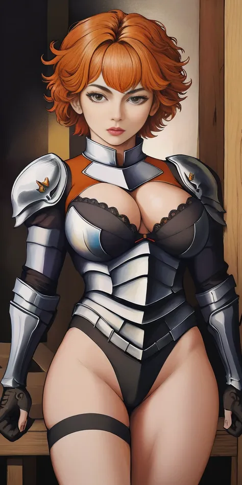 funger, very detailed illustration, 1girl, big breasts, high res high quality, masterpiece, looking at viewer, (knight), orange hair, absurdness, ultra-detailed, short hair