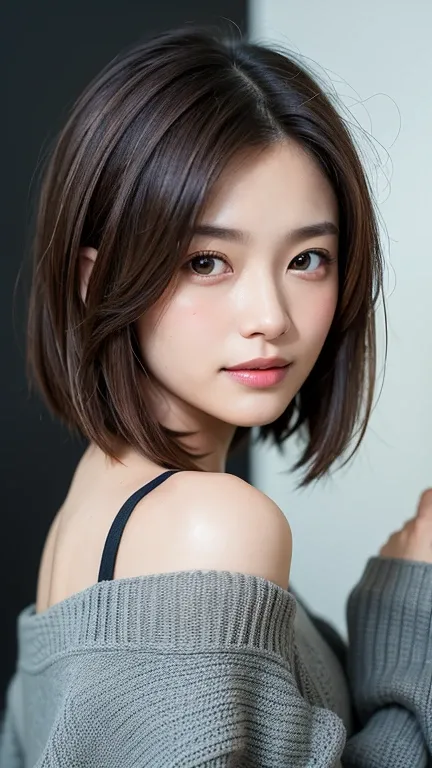 (((close-up of face)))、(((absolutely shoulder-length brown straight short bob)))、(((she is posing like a hair salon model, with ...