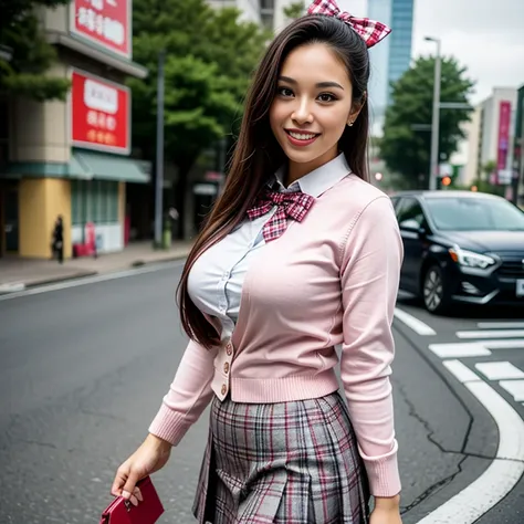 (thai woman),((highponytail)),(forehead),(school uniforms:1.5), (pink cardigan is fit body:1.4), ((long sleeve):1.3), (inner wea...