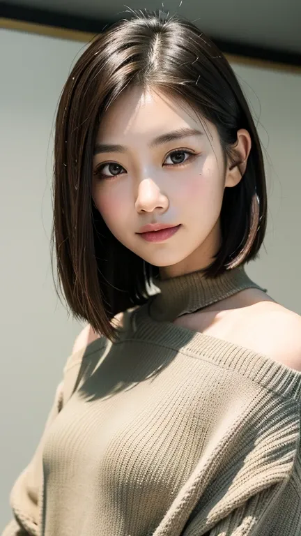 (((close-up of face)))、(((absolutely shoulder-length brown straight short bob)))、(((she is posing like a hair salon model, with ...