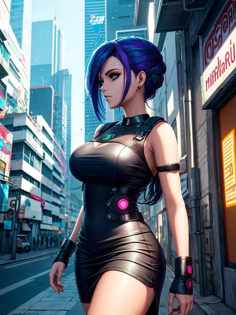 Mulher de 25 anos, com vestido estilo cyberpunk, com fenda, em uma rua de dia a luz do sol. She&#39;s on a cyberpunk street. Corpo inteiro.