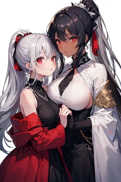 ((best quality)), ((masterpiece)), (detailed), perfect face,Two Girls,face toface, kiss,,(Gray Hair,Red eyes,Brown Skin,Big Breasts),(Black Hair,Iris,White skin,Small breasts), Long Hair,ponytail,dress