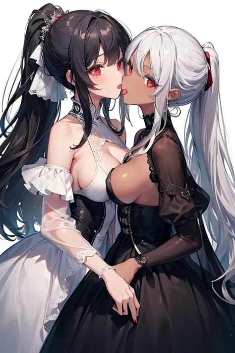 ((best quality)), ((masterpiece)), (detailed), perfect face,Two Girls,face to face, kiss,stick tongue out,(Gray Hair,Red eyes,Brown Skin,Big Breasts),(Black Hair,Iris,White skin,Small breasts), Long Hair,ponytail,dress