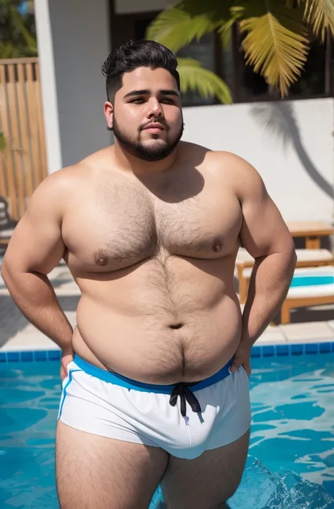 (Cabelo loiro), rosto com pouca barba e pouco bico de, Rostos de diferentes nacionalidades, Young man aged 17, chubby, extremely thick thighs, large belly, wearing only gray or blue or black or white or red swimming trunks. He doesn&#39;t wear clothes. . H...