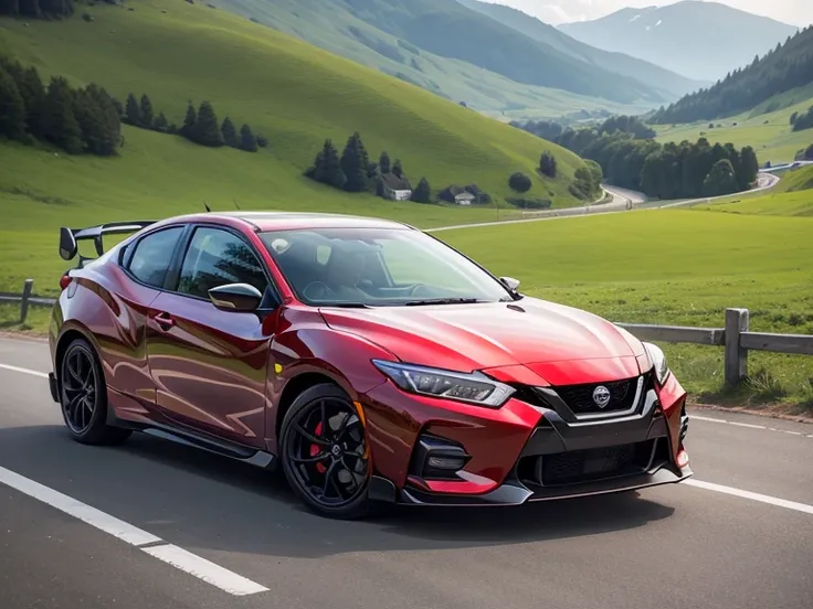 beautiful woman and spoRts caR、超A high Resolution、An ultRa-high pictuRe quality、8k、WondeRful expRession with attention to detail、eaRly summeR valley、beautiful fResh gReen、A bRight Red spoRts caR paRked on a mountain pass.Nissan PulsaR GTS－R　spoRts 5 dooR c...