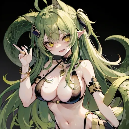 1girl, snake eyes, long green hair, ahoge, open mouth, sharp teeth, fair skin, gold bracelets, diamond necklace, pile of gold, slithering,