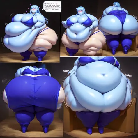 A young woman in a bikini, giant human blueberry, massive bloated overstuffed very heavy belly, hyper massive fat tall wide round heavy heart shaped bubble butt, very wide fat hips, massive fat round long very heavy breasts, deep long cleavage, weight gain...