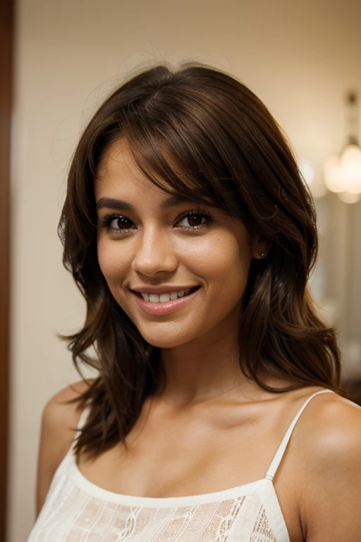 smiling woman with brown hair and light brown skin