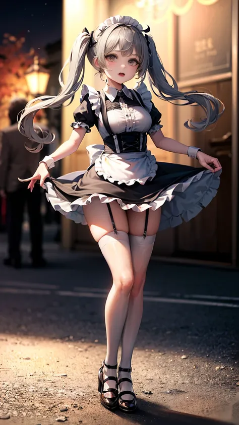 (bestquality:1.2),(super resolution),(cute women),(frilled skirt),(thin suspenders),(garter belt),(white knee socks),(double han...