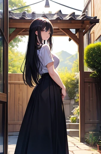 ((best quality)), ((masterpiece)), (detailed), perfect face,25-year-old woman, Back view, Black Hair, Long Hair,Gentle eyes,tall, Large Breasts, Casual clothing,Long Skirt, Entrance of the house,Outdoor Scene, Standing,whole body