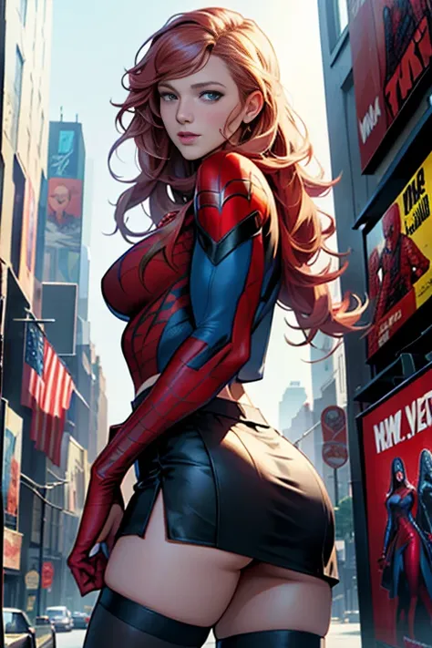 Blake Lively、Marvel Comics Movie Poster, Very beautiful, Movies about Spiderman, sexy, whole body, Im wearing a skirt、Premiere date, Poster、belly buttonを突き出す、new york、She&#39;s wearing a torn Spider-Man suit,The suit is torn、Wearing a skirt、 Red and black ...