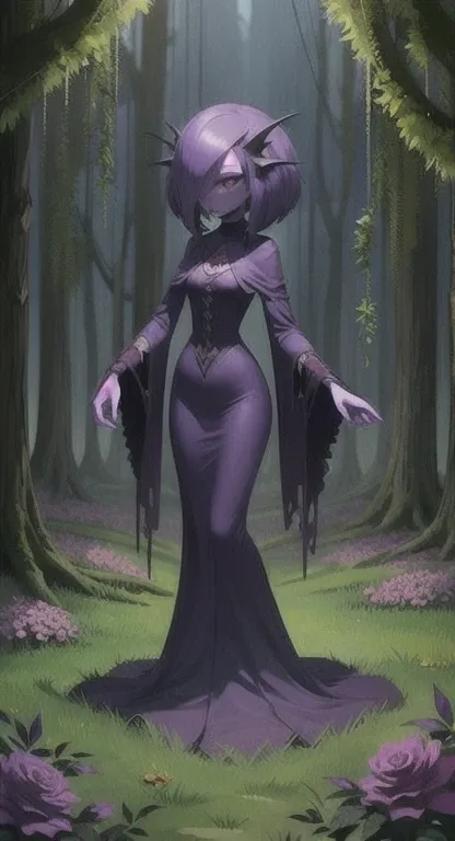 overgrown plant life, ancient one, abandoned garden, mutated, purple rose creature, female spirit, purple skin, gardevoir,