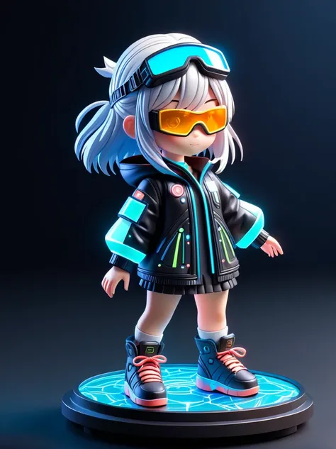 blind box,plastic toy,3d tous,ip model,a cute little girl of the world, white hair, tech goggles, a holo-glowing translucent jac...