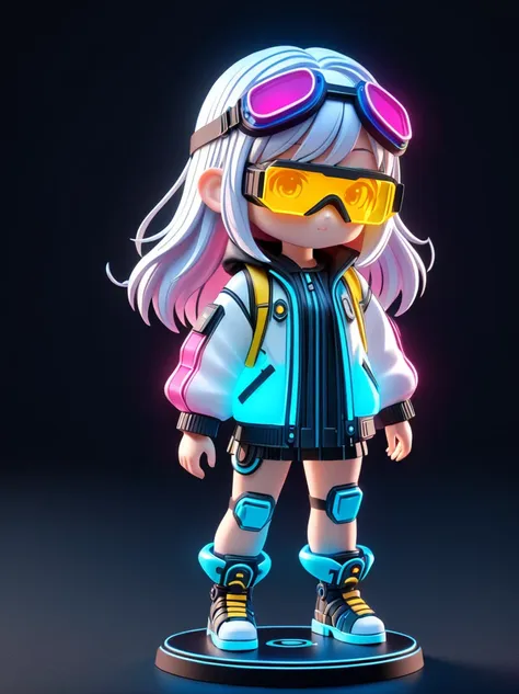 blind box,plastic toy,3d tous,ip model,a cute little girl of the world, white hair, tech goggles, a holo-glowing translucent jac...