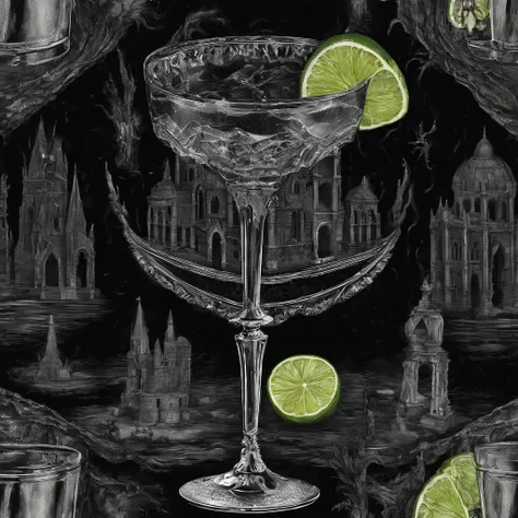 Tequila, lime juice, simple syrup shaken up and poured over ice in a black sugar rimmed glass topped off with ginger beer and a lime wedge with a witchy and mystical atmosphere