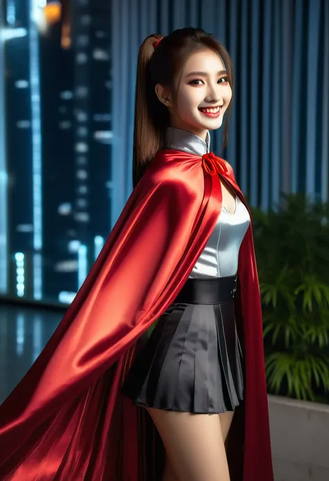 Vampyfangs1 , (RAW photo) , 1girl, Chinese cute, 20 years old, long hair in ponytail, smiling, look at viewer, ((((silver and red lined satin cape tied at the neck)))+++, side spilt skirt , photo, realistic, best quality, hires, detailed face, detailed bac...