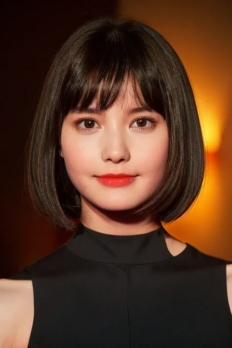 short hair, Skintight Black Top:1.2, View your viewers, Cinema Lighting, perfection, Soft Light, High Resolution Skins:1.2, Realistic skin texture, Realistic Face, Off the shoulder, Red eyes, Short Hair、Dark brown hair、Small face、Bust B cup、