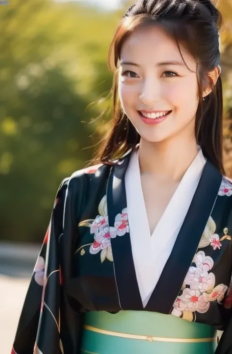 ((highest quality, 8k, masterpiece: 1.3)), Sharp focus: 1.2, (Beautiful actress ), Realistic photos (Shiny skin), Black Hair,  Realistic students, Cinema Lighting, Highly detailed eyes and face, smile, Originally, A neat young lady wears a kimono