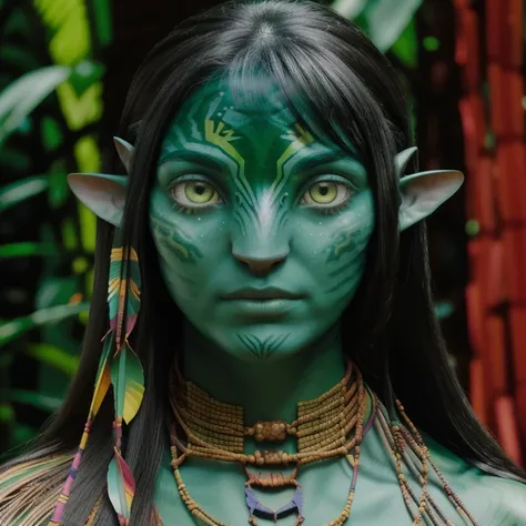 avatar style, (face portrait:1.6), naavi, 1girl, female, (silver eyes), (big eyes), ((eyebrowless)), pointy ears, (forest green ...